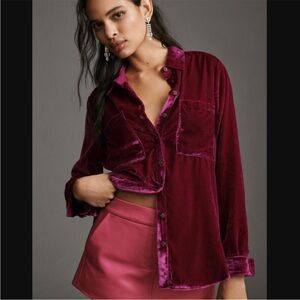 Pilcro Anthropologie The Hadley Relaxed Velvet Button Down in Fuschia Size XL
